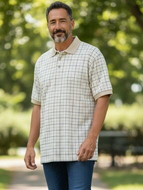 VTG... Cherokee Men's Cream Windowpane Polo with Tan Trim In EUC